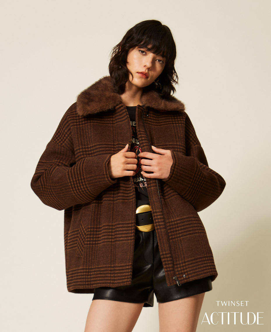 Caban in panno check con faux fur Check Toffee / Black Chocolate Donna 262AT2200_14037_PA