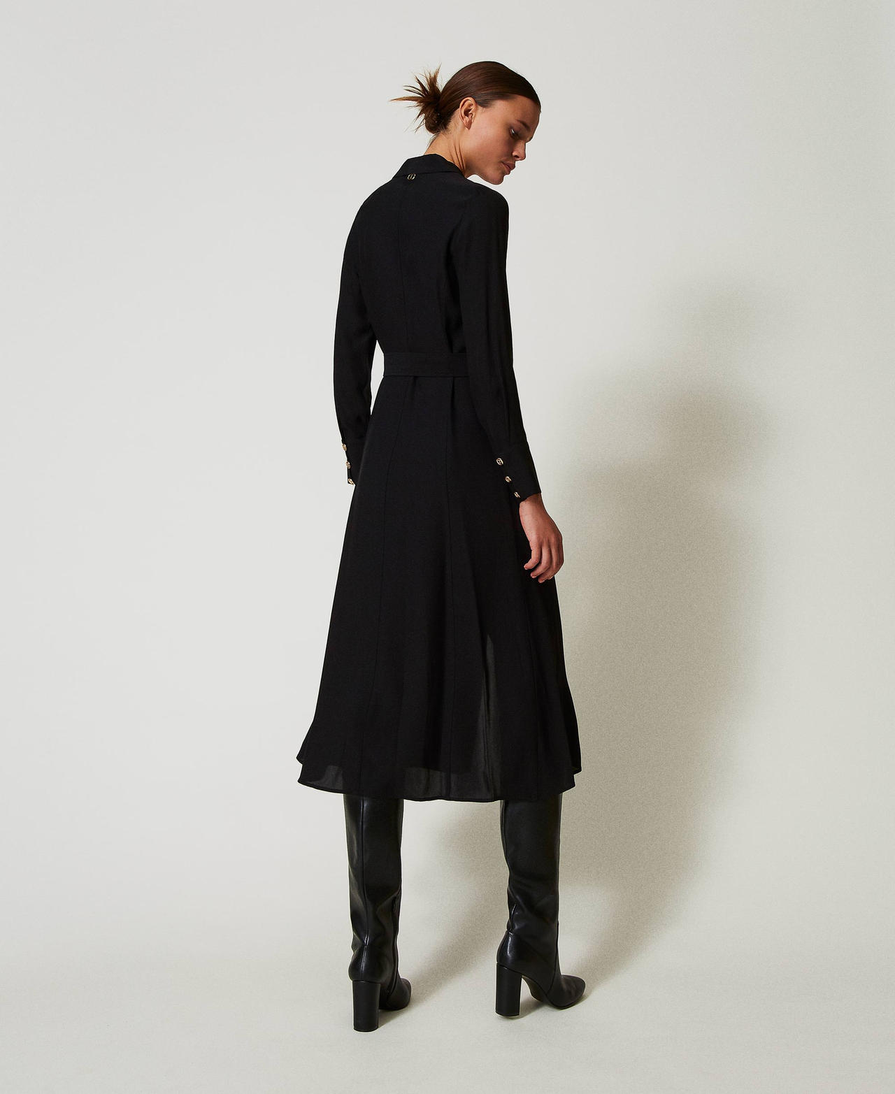 Long crêpe georgette shirt dress Black Woman 242TT2320_00006_03