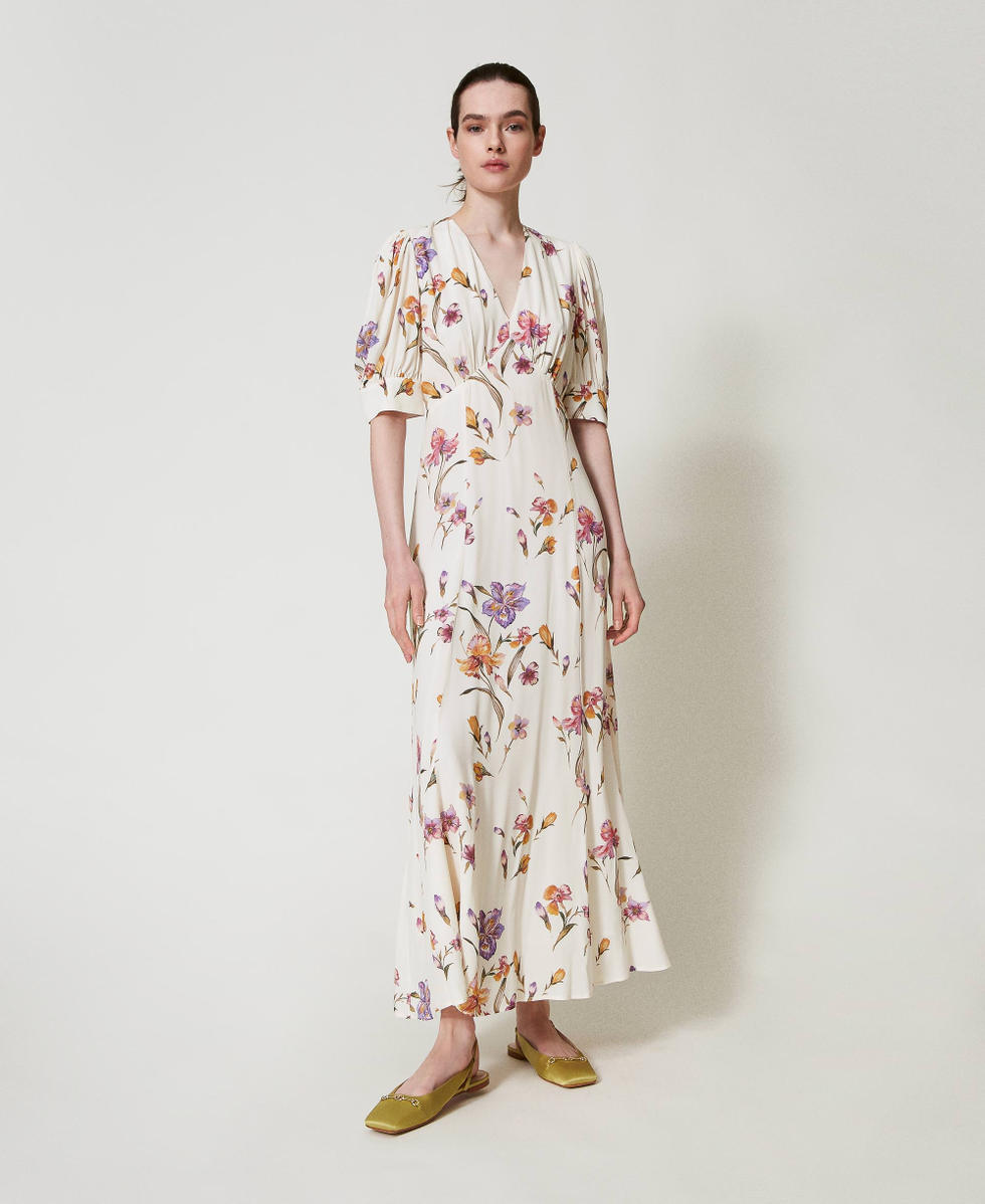 Vestido largo de crep&eacute; de China de flores Estampado Iris Multicolor / N&aacute;car Mujer 251TP2770_12329_01
