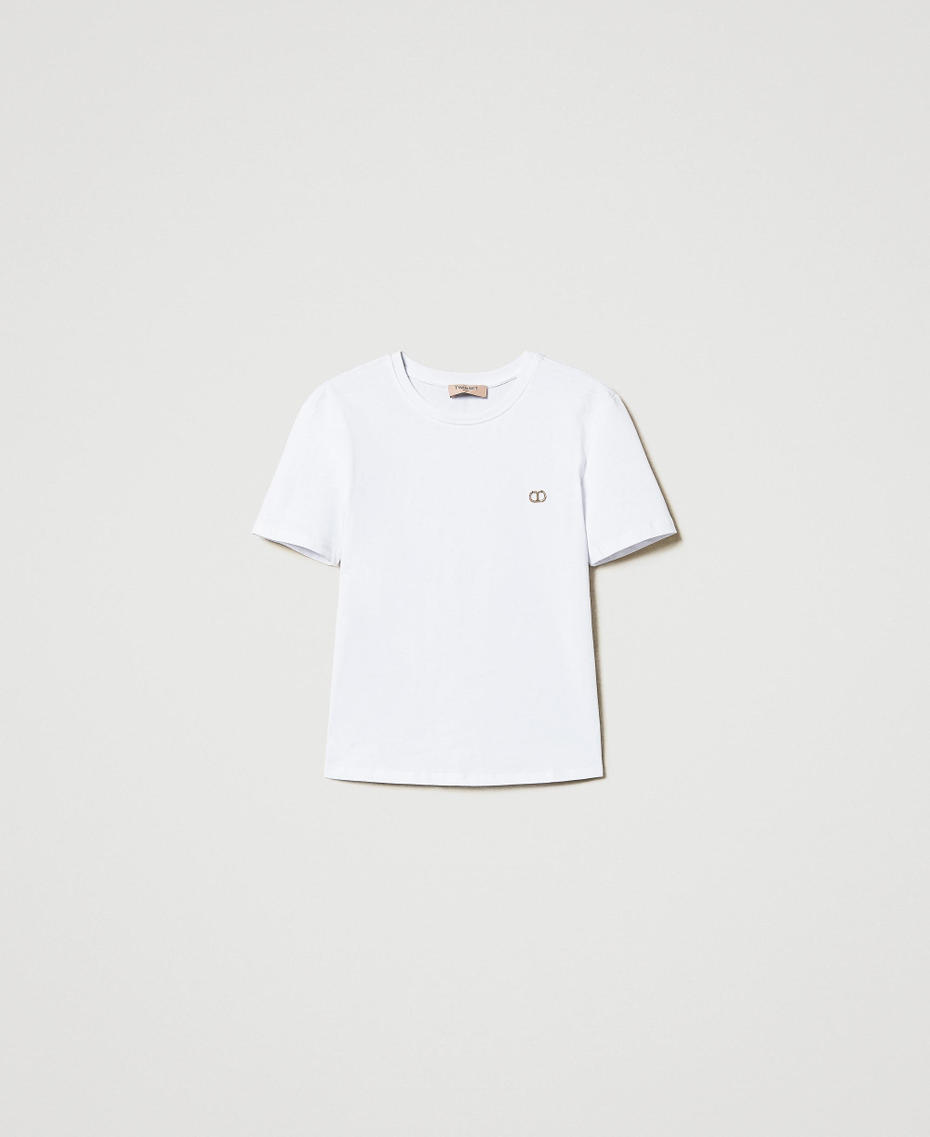 T-shirt with Oval Tplate with rhinestones White Woman 251TP2074_00001_S0