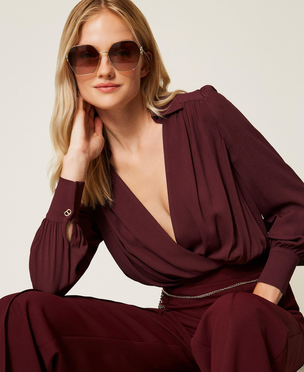 Body in cr&ecirc;pe de Chine con arricciature Viola "Winetasting" Donna 252TP2293_05609_PD