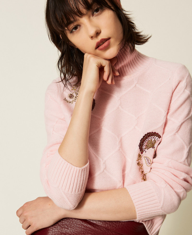 Turtleneck wool jumper with floral embroidery Rose Smoke Woman 262AP3190_00496_04