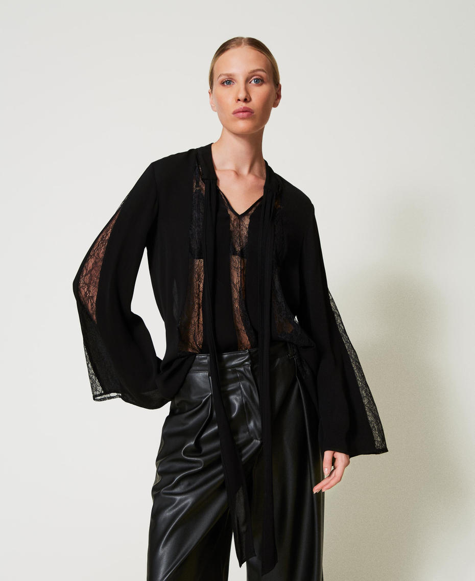 Crêpe tunic with lace Black Woman 251TP2414_00006_01