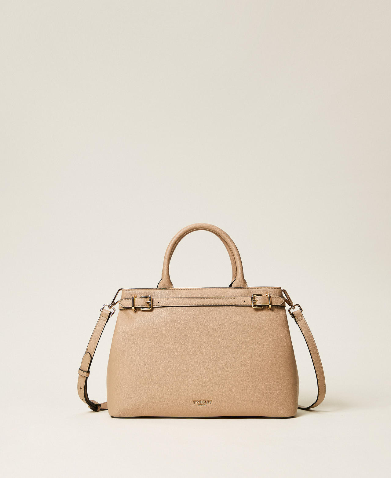 Shopper bag with buckles and shoulder strap