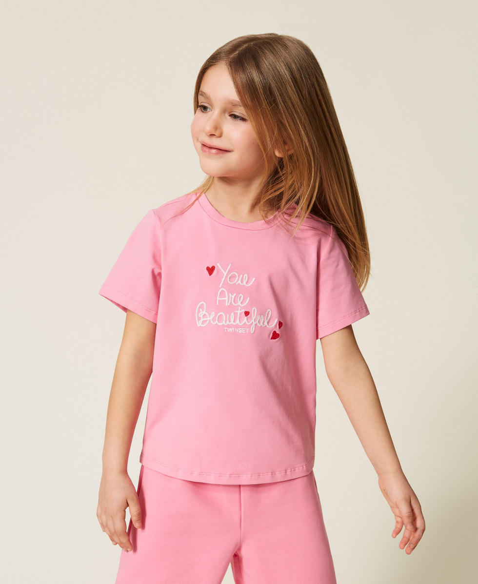 T-shirt pour fille avec broderie Broderie Rose &laquo;&nbsp;Aurora Pink&nbsp;&raquo;/Blanc Cass&eacute; Fille 261GB2181_13367_01