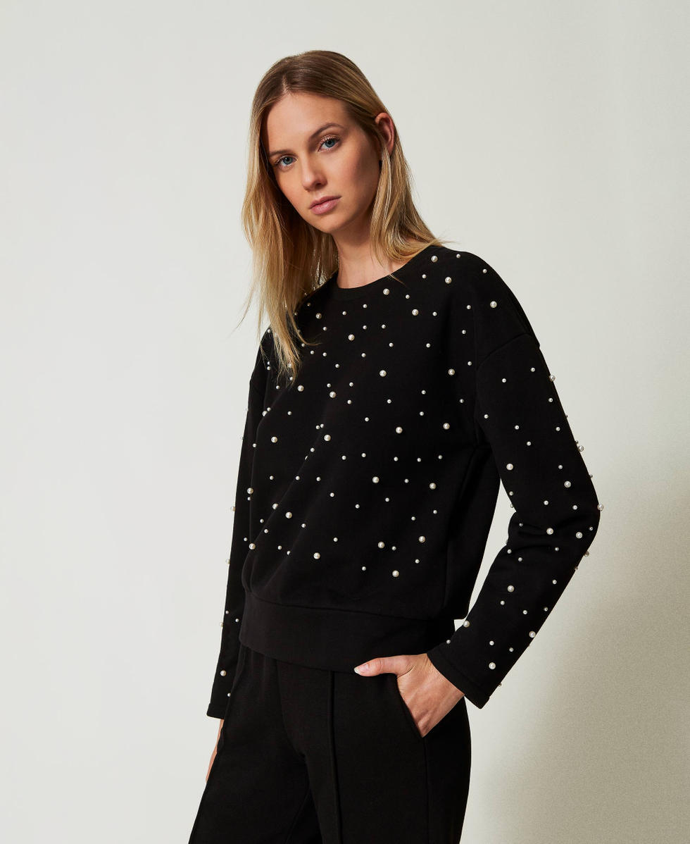Crew neck sweatshirt with pearls Woman Black TWINSET Milano