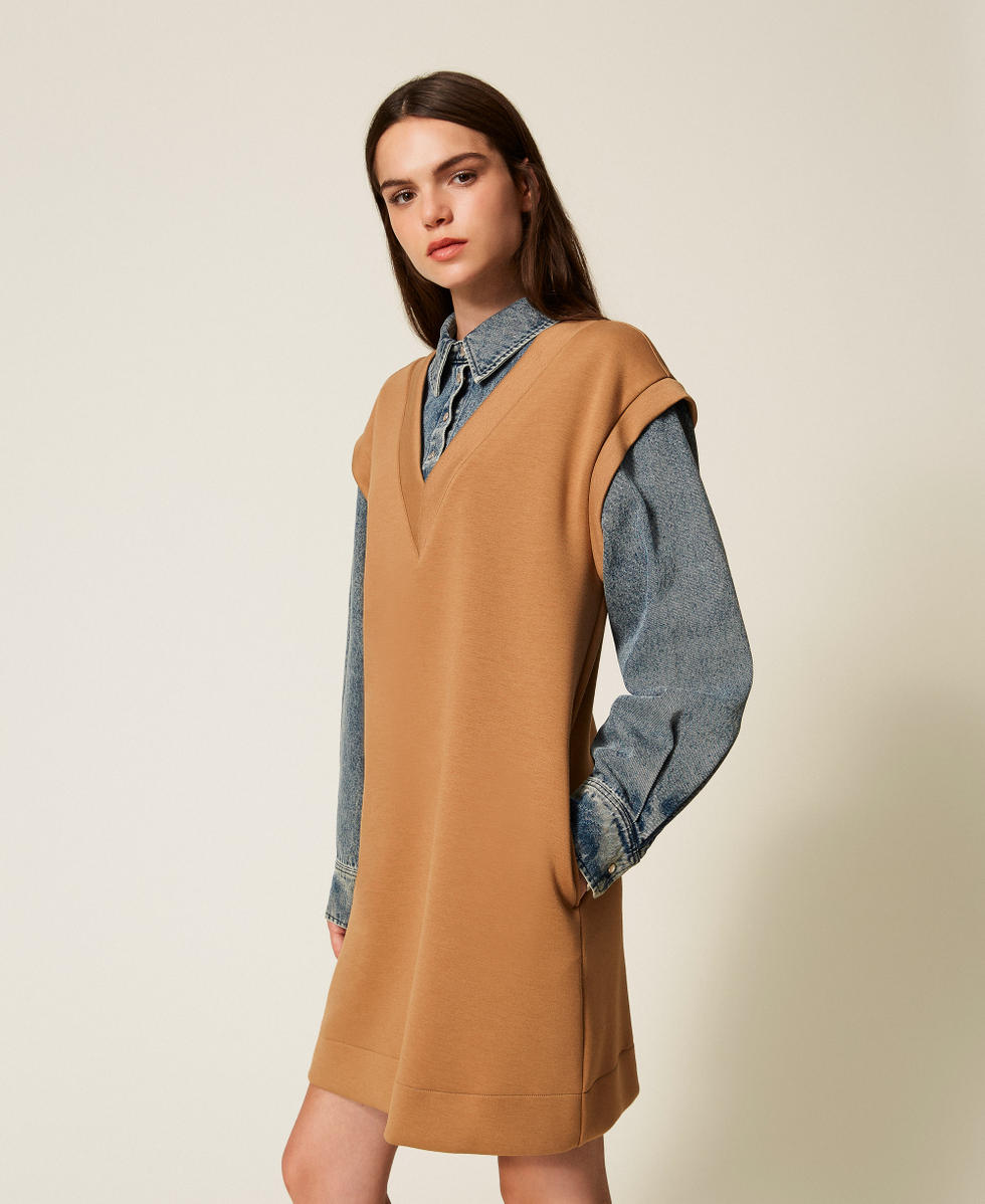 Vestido corto de tejido scuba y vaquero Bicolor Camel / Denim Mujer 252LI2PBB_12671_03
