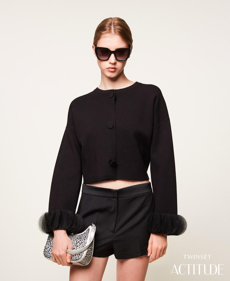 Knit jacket with organza Black Woman 252AP3010_00006_PA