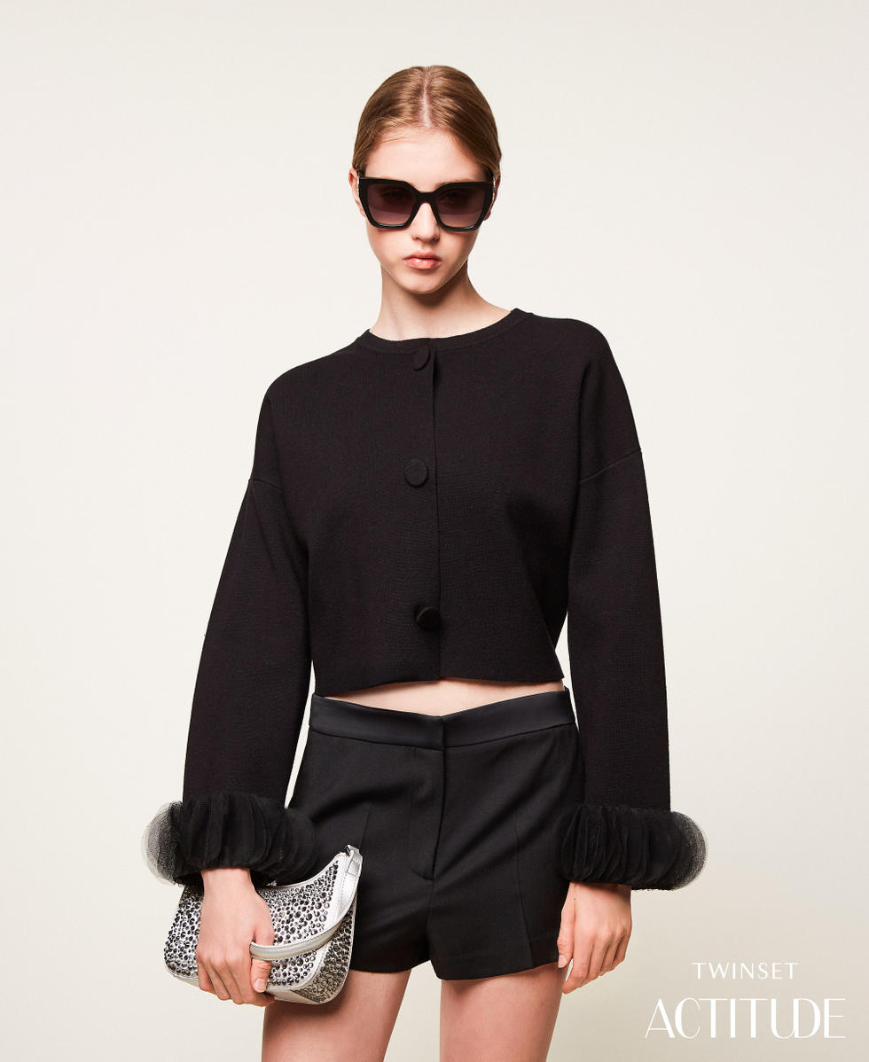 Knit jacket with organza Black Woman 252AP3010_00006_PA