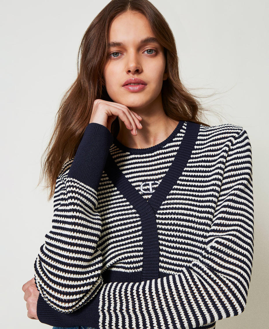 Striped knit cardigan and top with Oval T Two-tone Snow/Blue Night Woman 251TP3320_12261_05