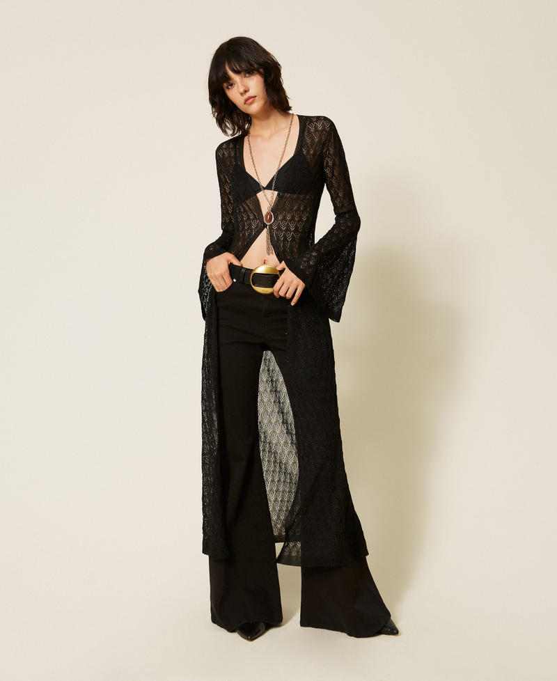 Langer Strick-Cardigan mit ausgestellten &Auml;rmeln Lurex Schwarz Frau 262TP3Q33_13597_01