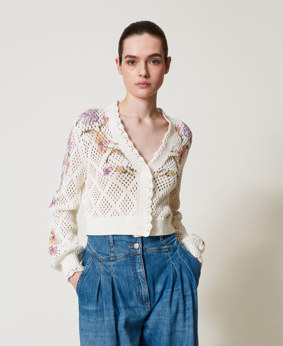 Knit cardigan with floral print Woman, White | TWINSET Milano