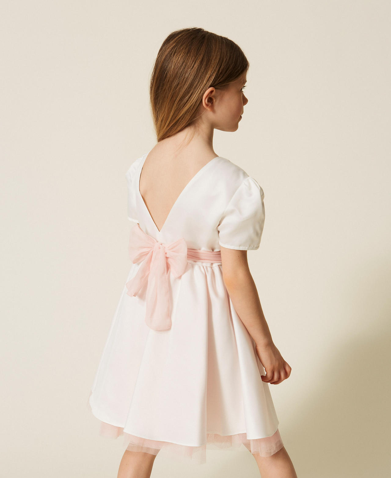 Abito corto baby in raso duchesse e tulle Bicolor Off White / Pink Dancer Bambina 261GB2102_13233_03