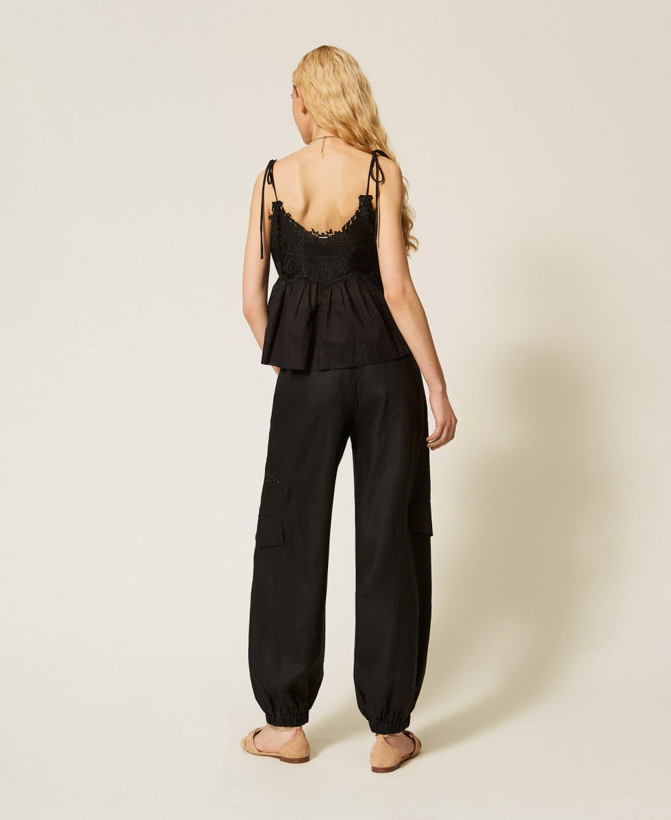 Pantaloni joggers in lino e sangallo Nero Donna 261TT2121_00006_03