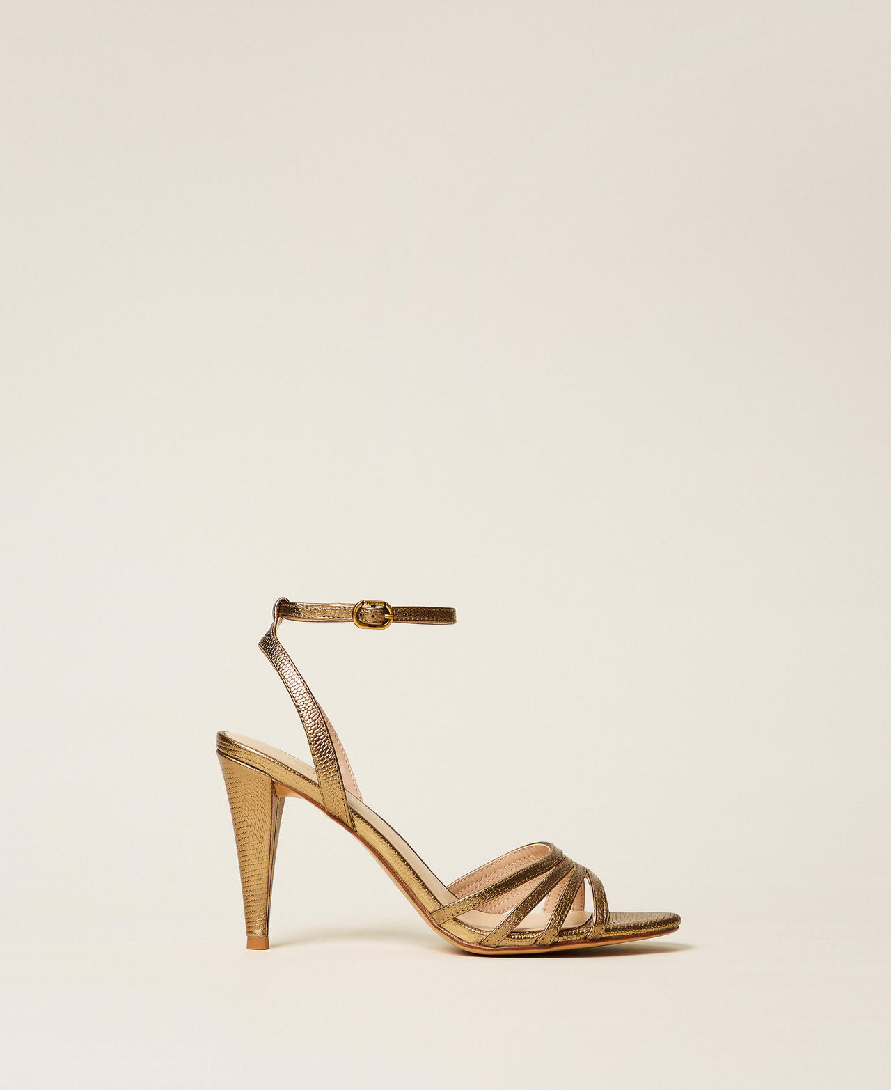 Twinset Women's Yellow Gold Laminated Leather Sandals With Print