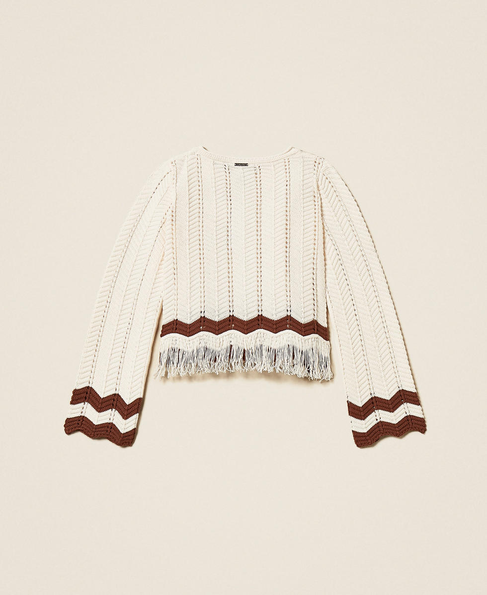 Rundhalspullover mit Zackenmuster und Fransen Zweifarbig Milk/&bdquo;Dark Root&ldquo;-Braun M&auml;dchen 261GJ3024_13198_S1