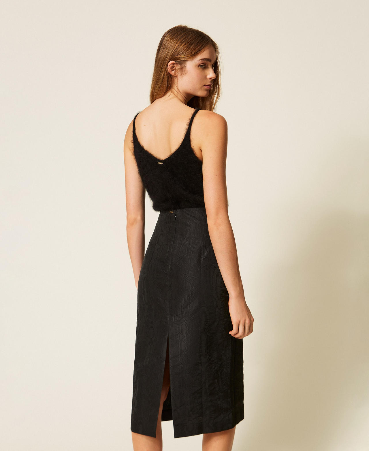Midi moir&eacute; skirt with bow Black Woman 262TT2582_00006_03