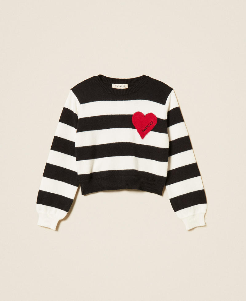Striped jumper with heart and logo Black/"Snow" White/"Magenta" Heart Red Stripes Girl 262GJ3042_13776_S0