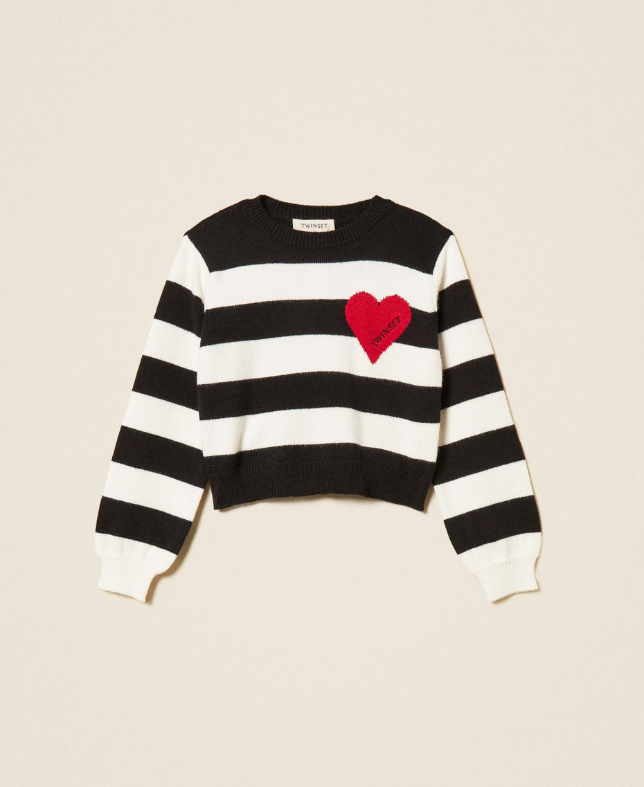 Striped jumper with heart and logo Black/"Snow" White/"Magenta" Heart Red Stripes Girl 262GJ3042_13776_S0
