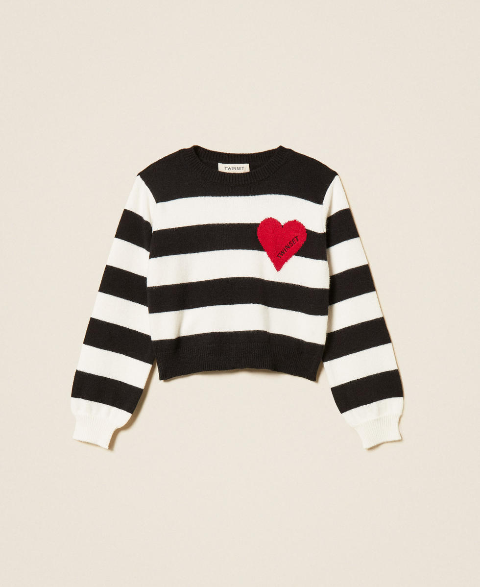 Striped jumper with heart and logo Black/"Snow" White/"Magenta" Heart Red Stripes Girl 262GJ3042_13776_S0