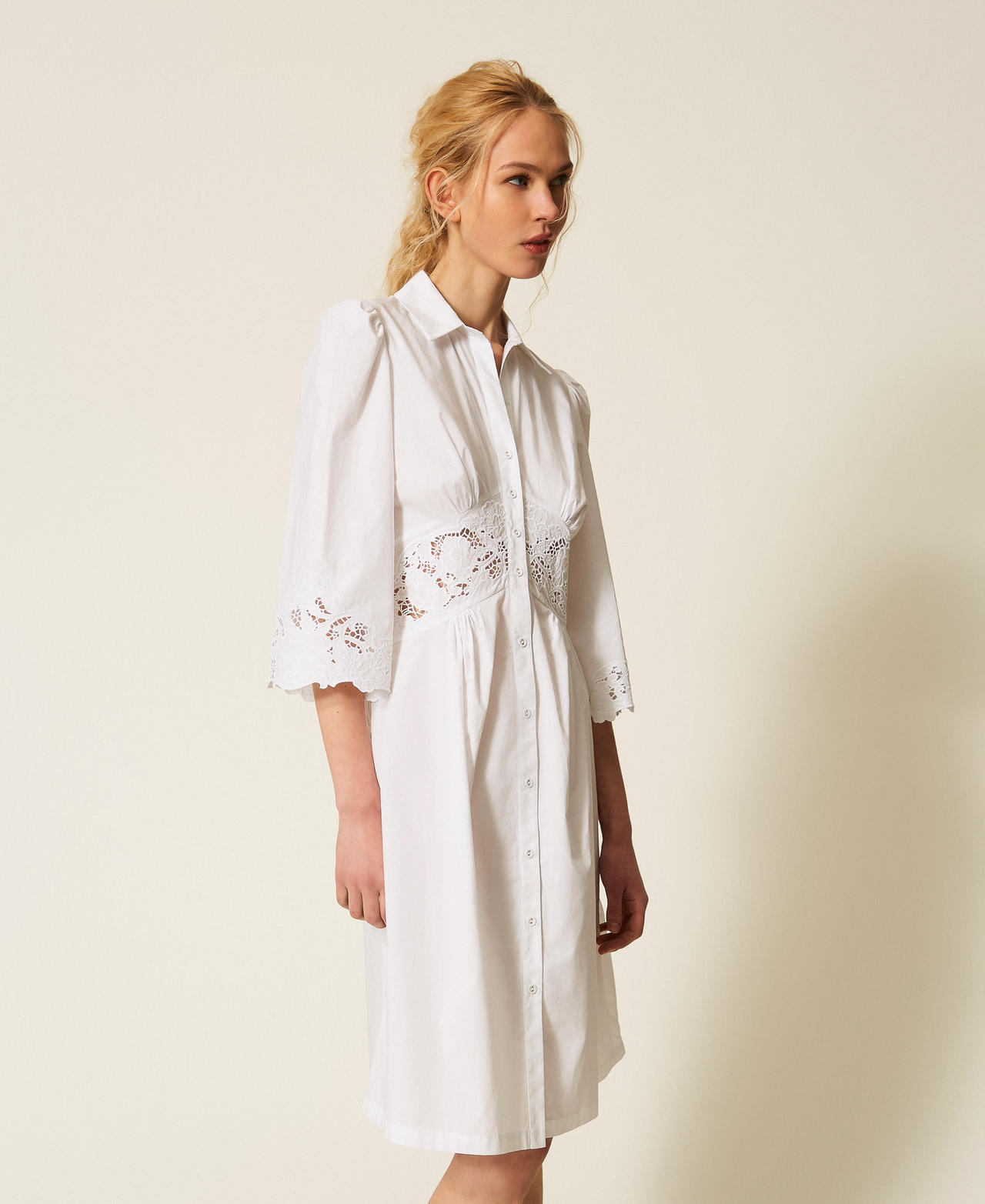 Midi poplin and broderie anglaise dress White Woman 261TT2034_00001_02