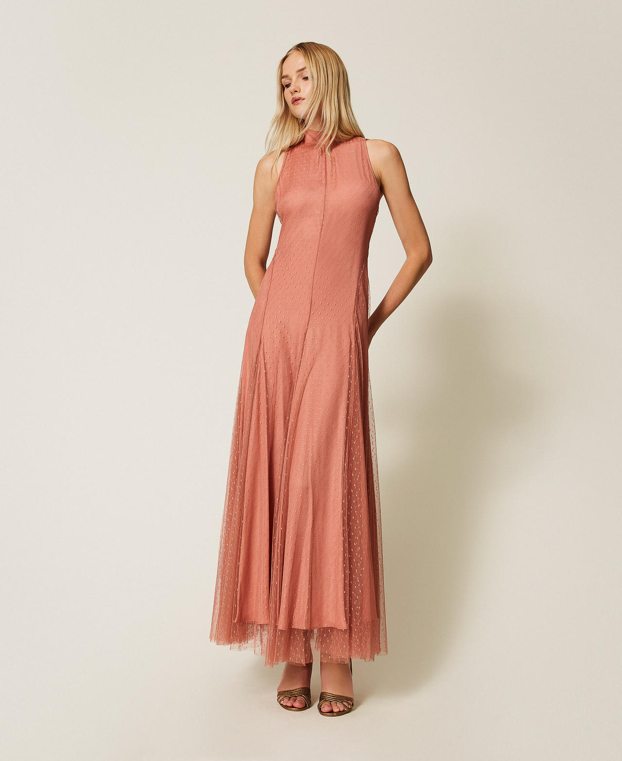 Long plumetis tulle dress Dusty Pink Woman 252TP2650_00916_01