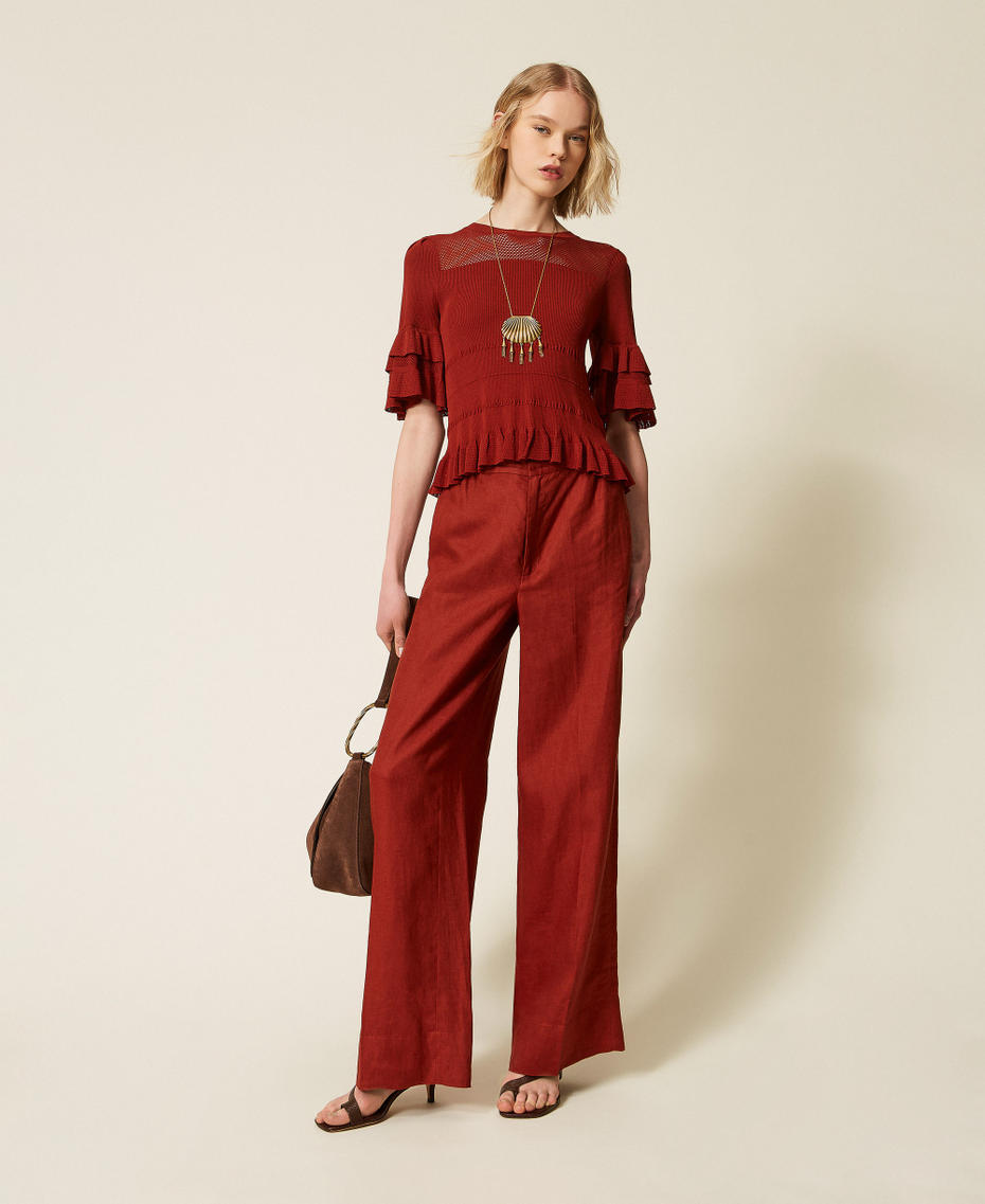 Pull c&ocirc;tel&eacute; avec filet et volants Marron &laquo;&nbsp;Henn&eacute;&nbsp;&raquo; Femme 261TT3021_13332_T0