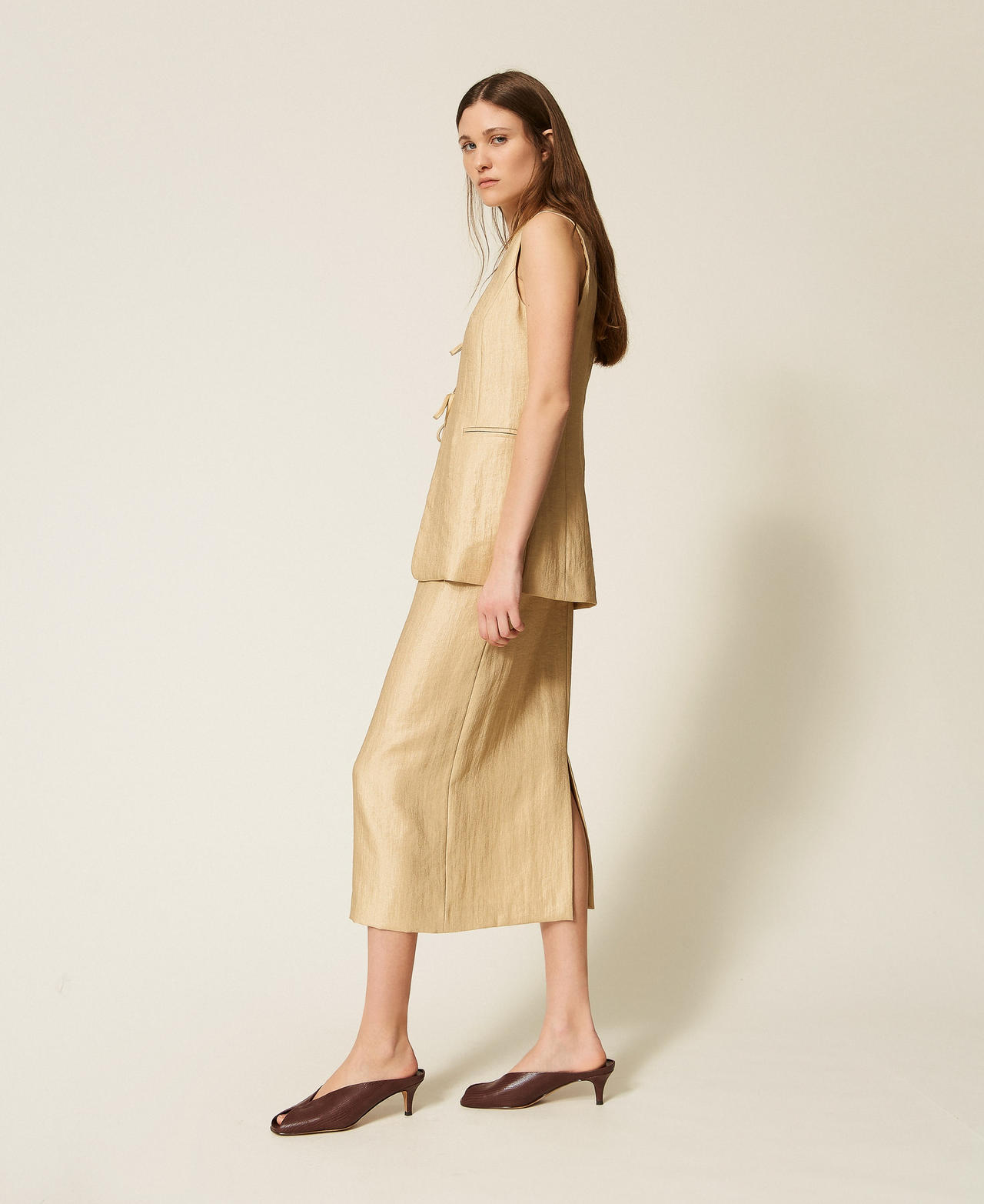 Laminated midi skirt Golden Beige Woman 261TT2534_13506_02
