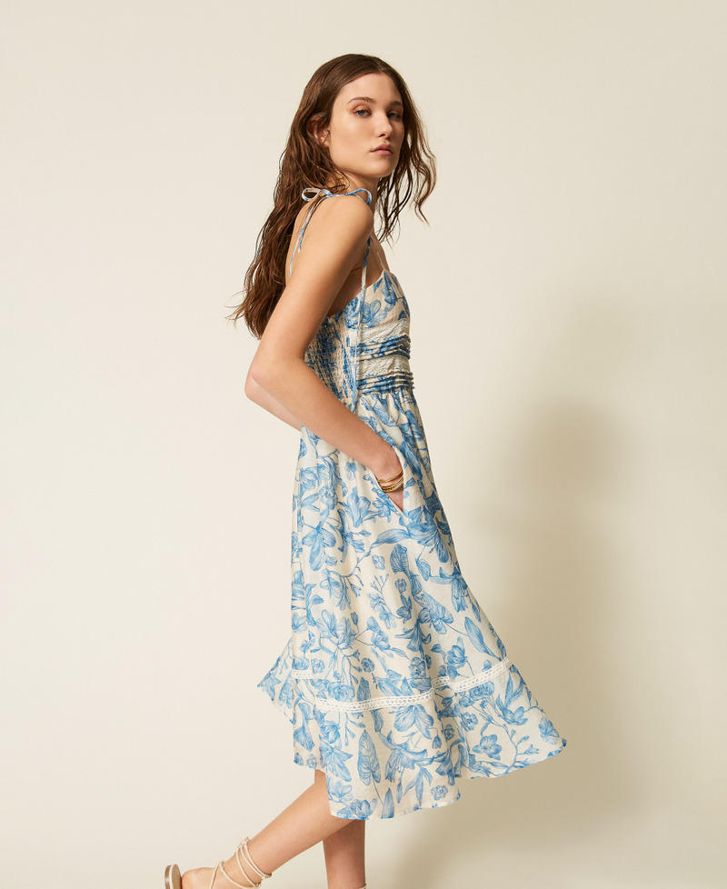 Short floral dress with lace Off White/Med Blue Toile De Jouy Print Woman 261LM2SCC_13465_01
