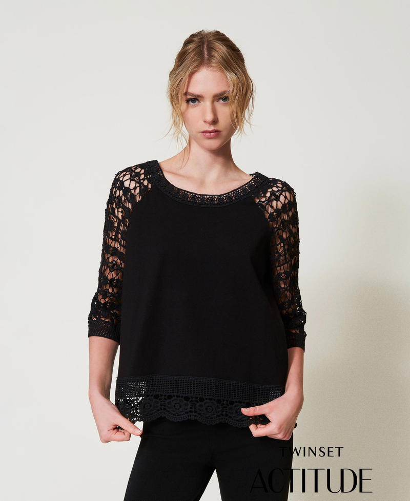 Bluse mit Ärmeln aus Makrameespitze Schwarz Frau 251AP2500_00006_PA