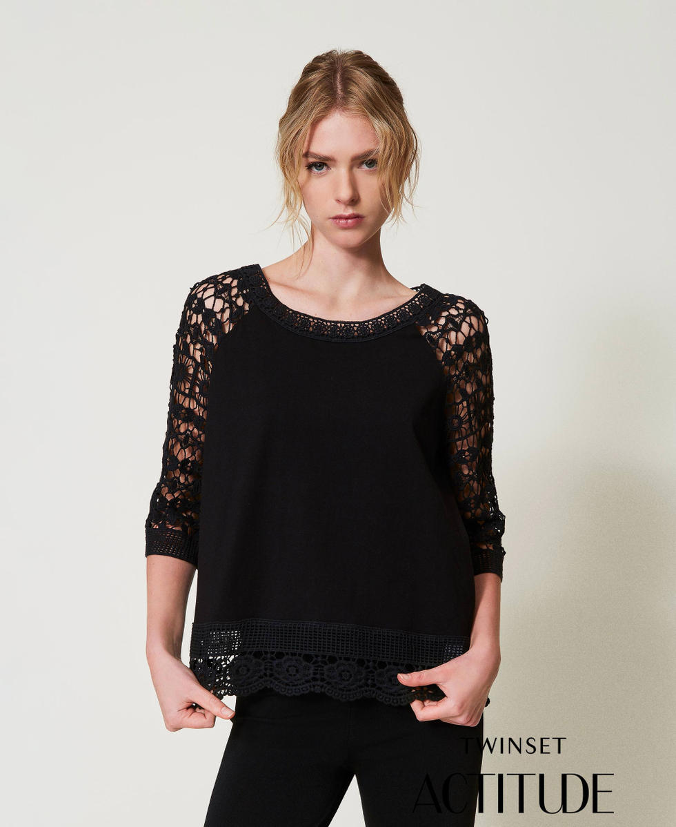 Bluse mit &Auml;rmeln aus Makrameespitze Schwarz Frau 251AP2500_00006_PA