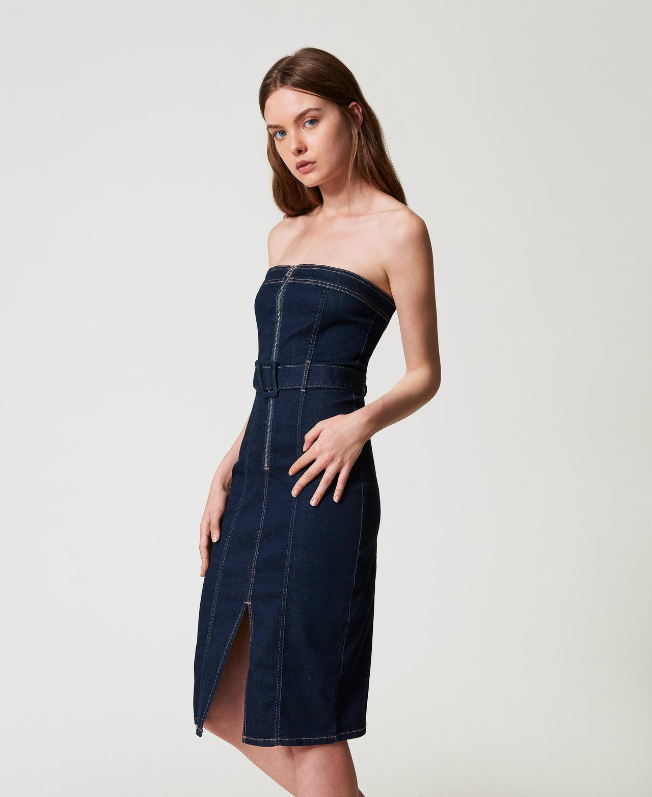 Midi denim bustier dress Rinsed Denim Woman 251AP2350_06295_01