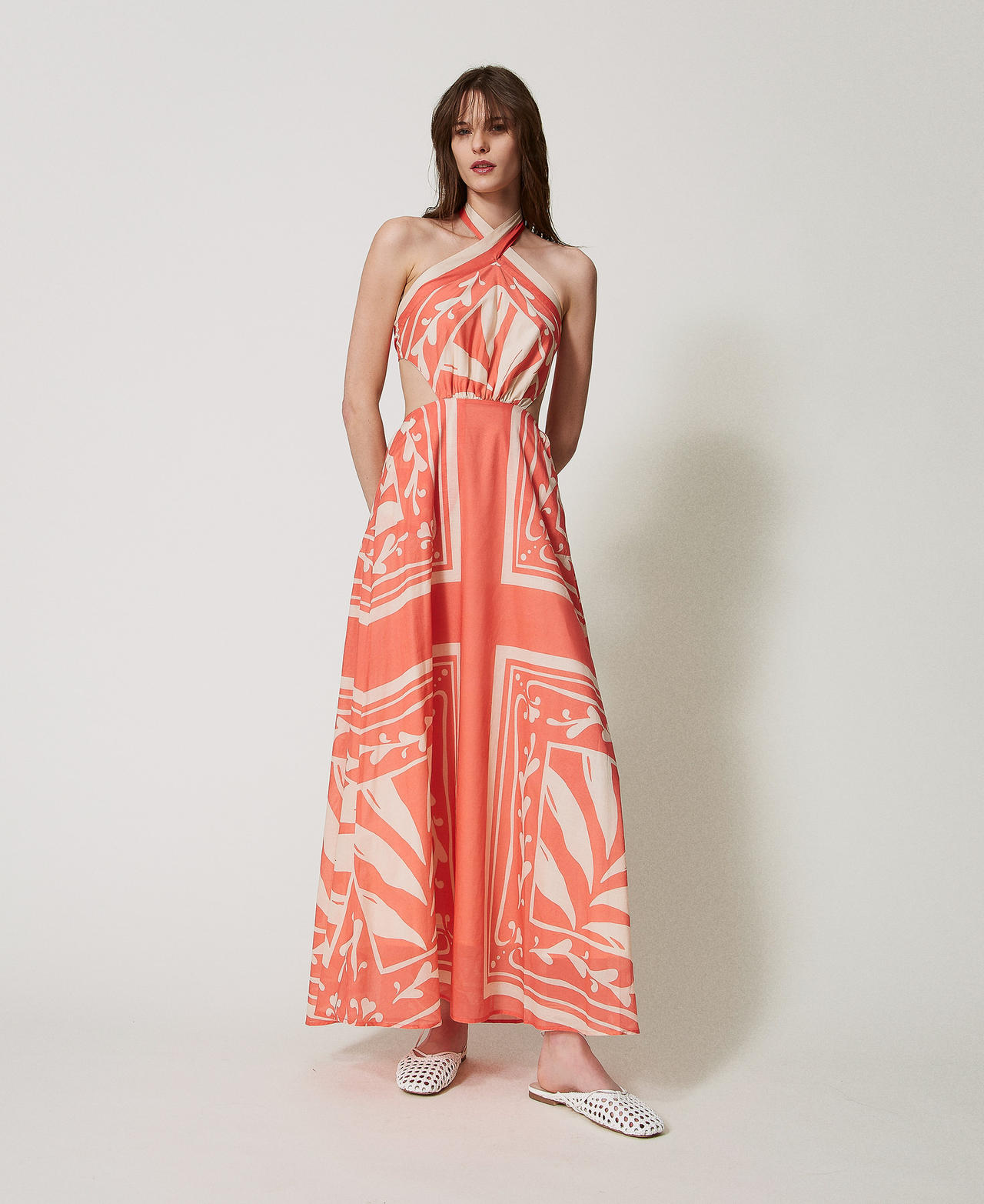 Long dress in printed muslin Coral Sun/Almond Beige Foulard Print Woman 251LM2BEE_12381_02