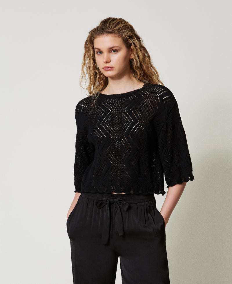 Rundhalspullover mit Durchbruchmuster Schwarz Frau 251LL3SAA_00006_01