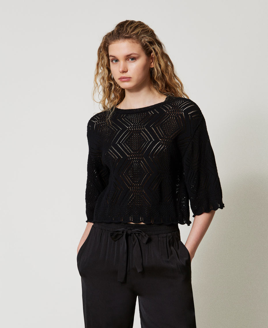 Rundhalspullover mit Durchbruchmuster Schwarz Frau 251LL3SAA_00006_01