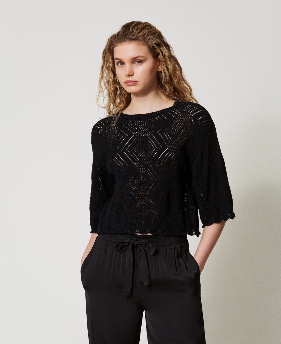 Crew neck openwork knit jumper Woman, Black | TWINSET Milano
