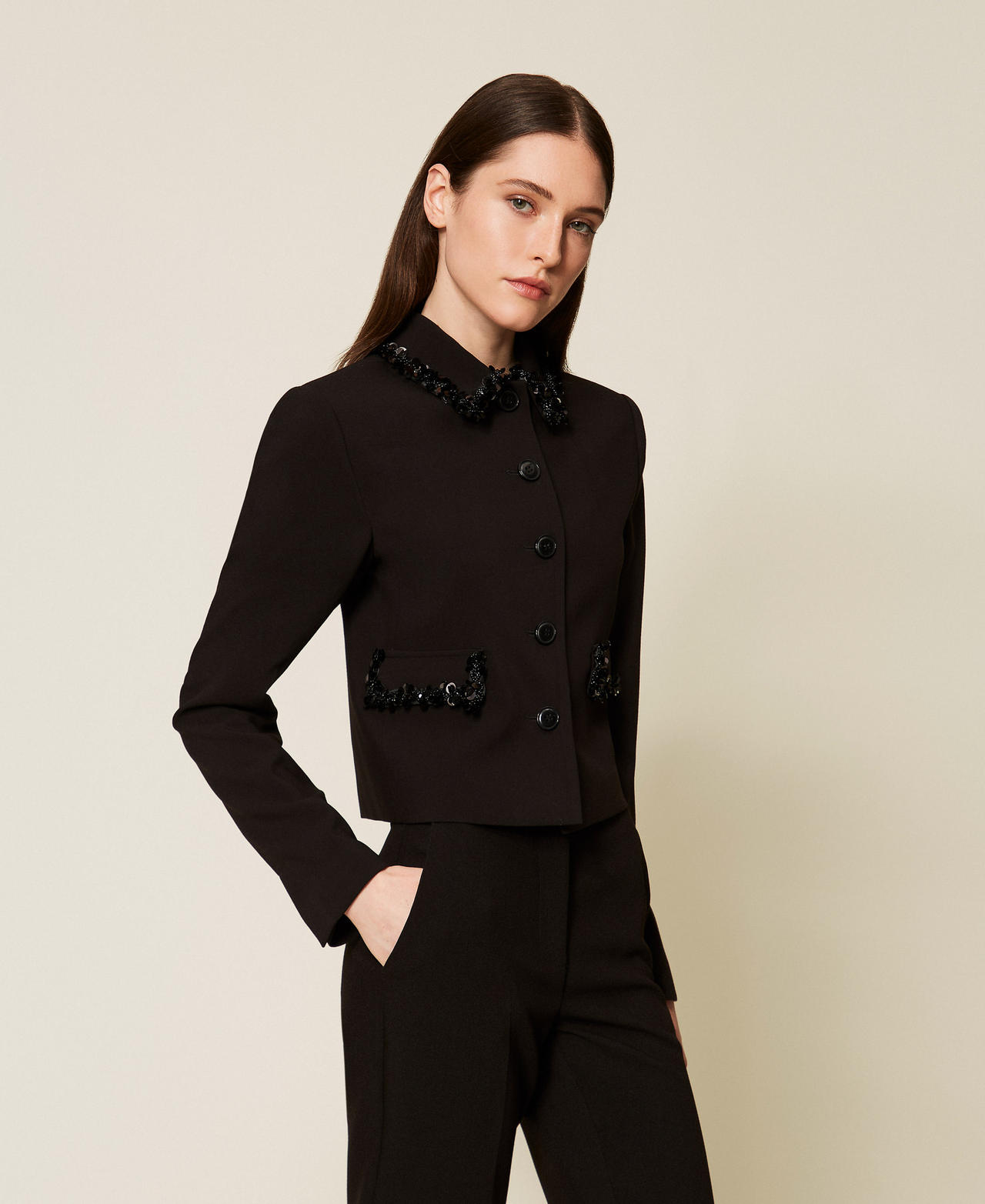Crêpe jacket with embroidery Black Woman 252TT2230_00006_02