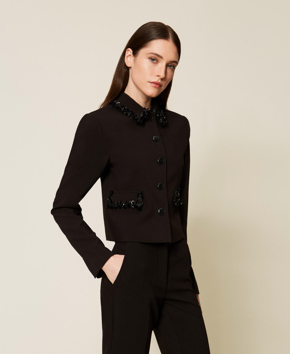 Cr&ecirc;pe jacket with embroidery Black Woman 252TT2230_00006_02