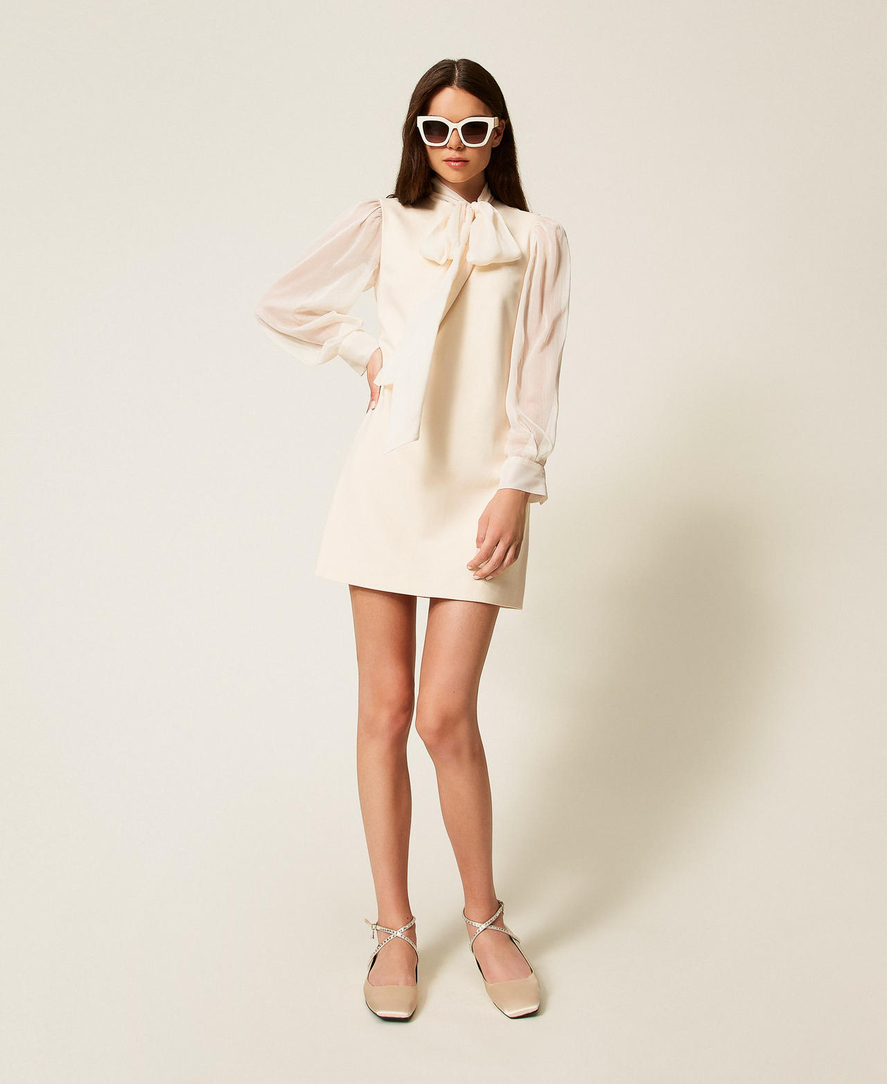 Short dress with sash neck Crystal Sand Beige Woman 252AT2211_12610_01