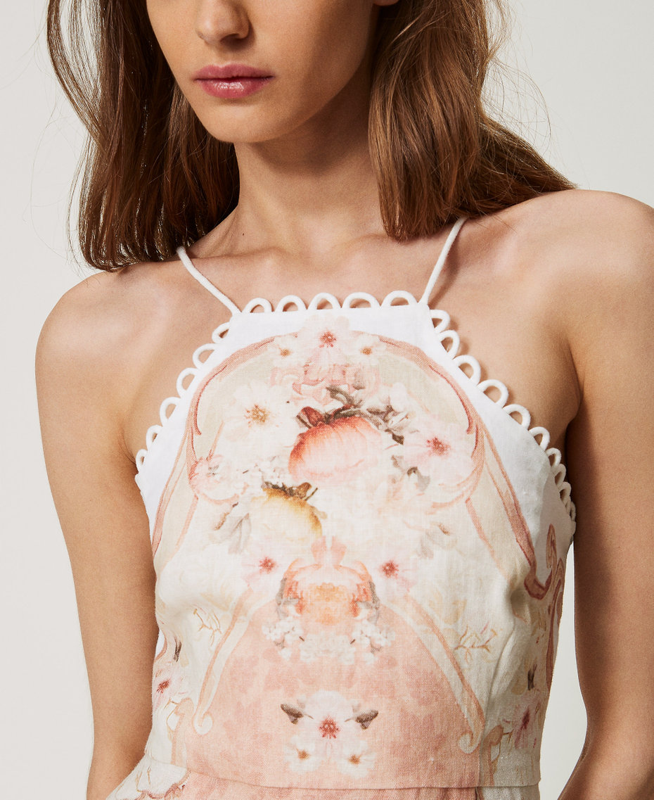 Midi dress in printed linen Flowers Tapestry Dusty Coral Shade Print Woman 251TT2440_12527_04