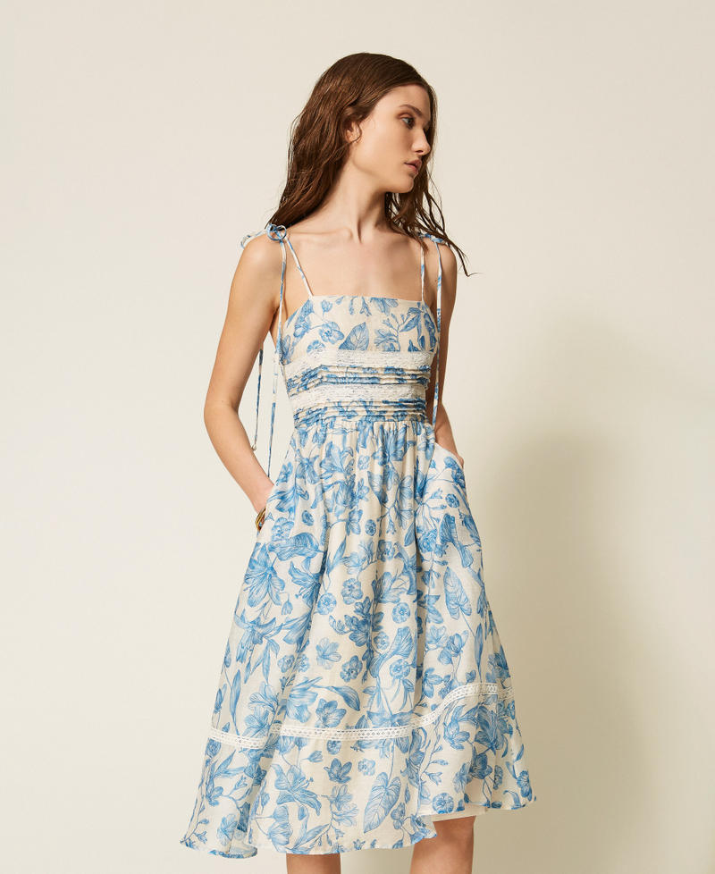Short floral dress with lace Off White/Med Blue Toile De Jouy Print Woman 261LM2SCC_13465_02