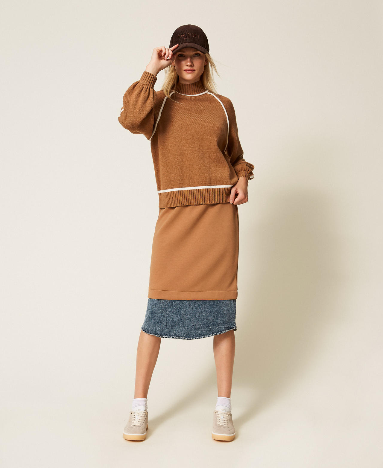 Midi scuba fabric and denim skirt Two tone Camel/Denim Woman 252LI2PEE_12671_01