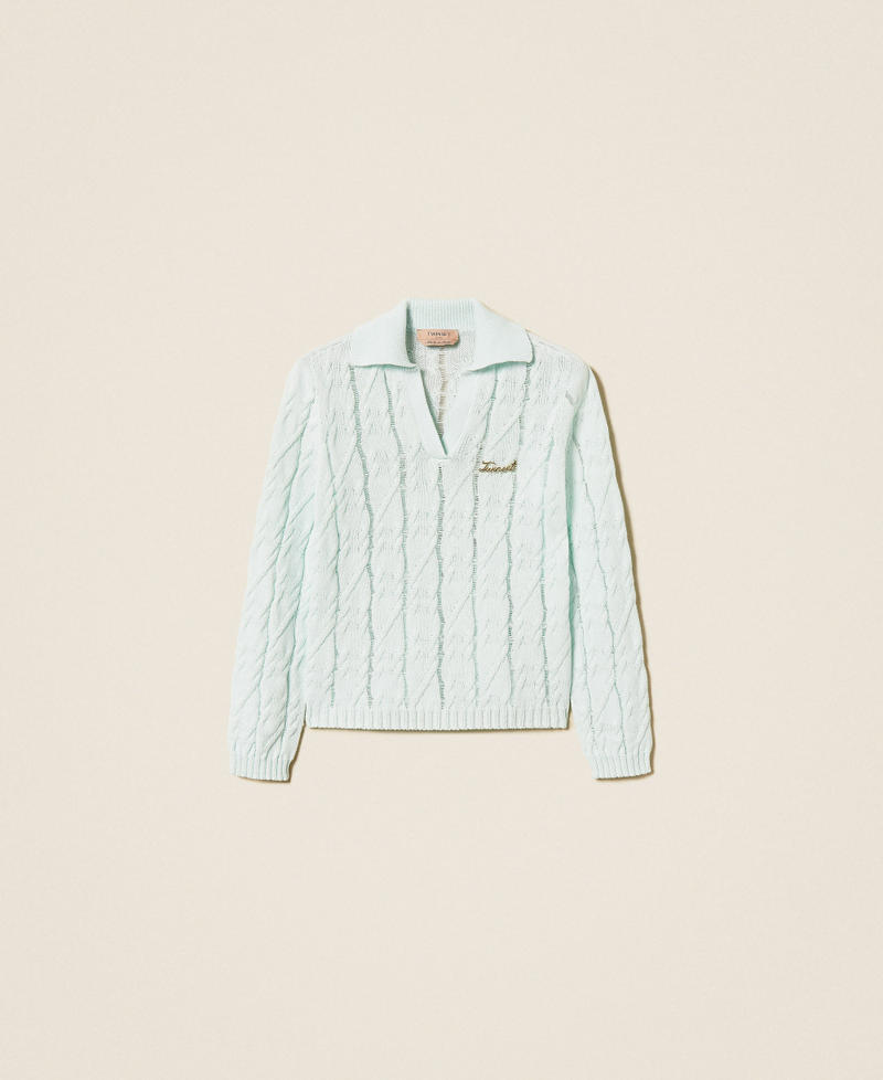 Pullover im Polostil mit Zopfmuster und Brosche &bdquo;Aqua&ldquo;-Hellblau Frau 261TP3490_13162_S0