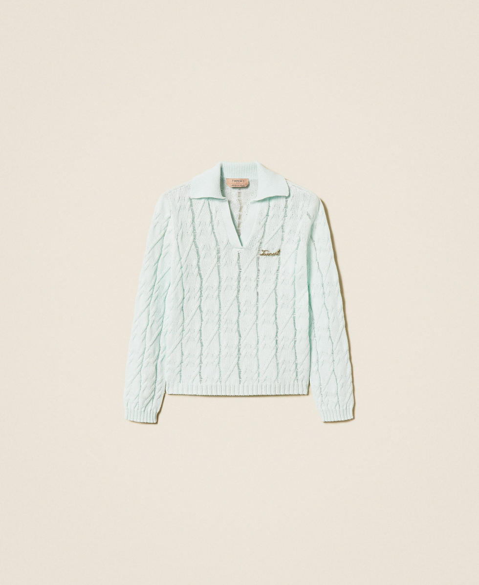 Pull polo avec torsades et broche Bleu &laquo;&nbsp;Aqua&nbsp;&raquo; Femme 261TP3490_13162_S0