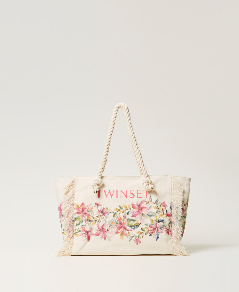 Printed canvas shopper bag Mother of Pearl/Multicolour Floral Print Woman 251LB7AAA_12194_01