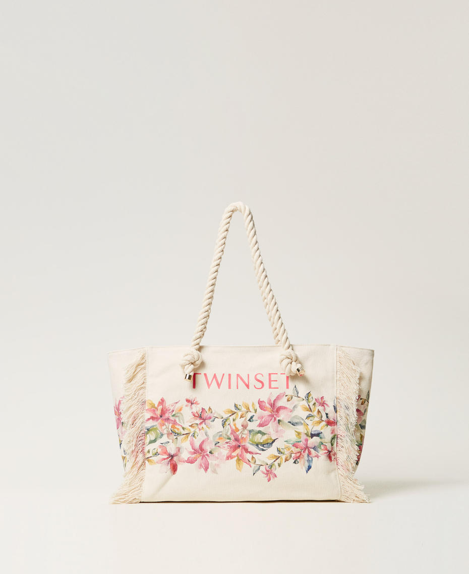 Printed canvas shopper bag Mother of Pearl/Multicolour Floral Print Woman 251LB7AAA_12194_01