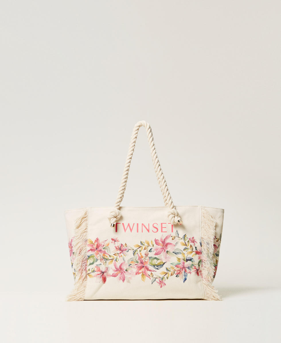 Printed canvas shopper bag Mother of Pearl/Multicolour Floral Print Woman 251LB7AAA_12194_01