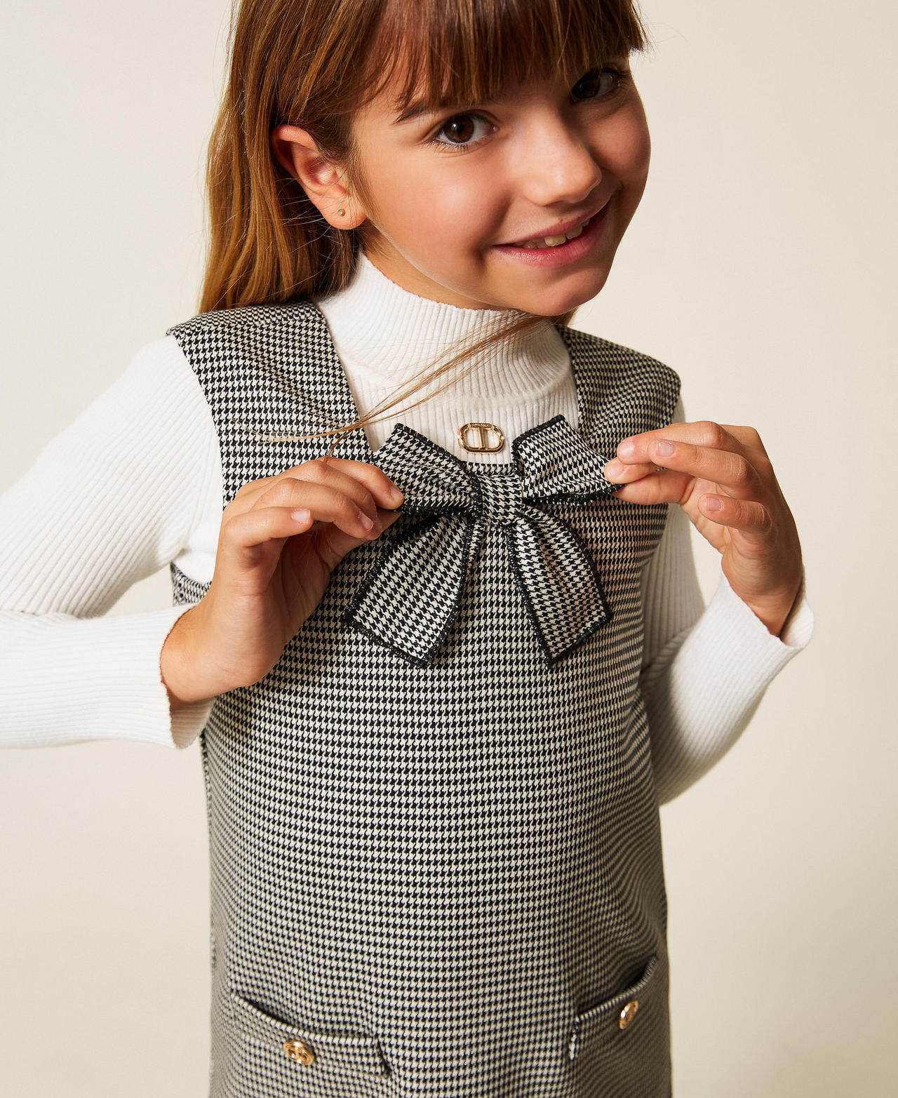 Girls' short dress with houndstooth pattern Off White Houndstooth/Black Girl 252GB2023_12719_PD