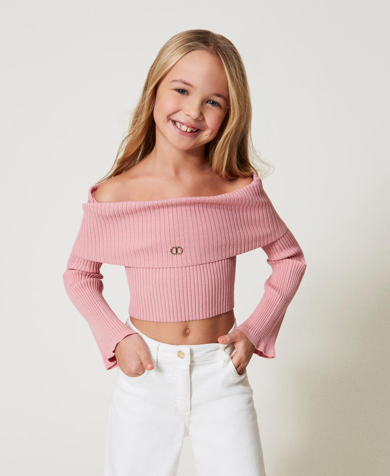Off-shoulder rib jumper with Oval T Sweet Rose Girl 251GJ3412_00533_02