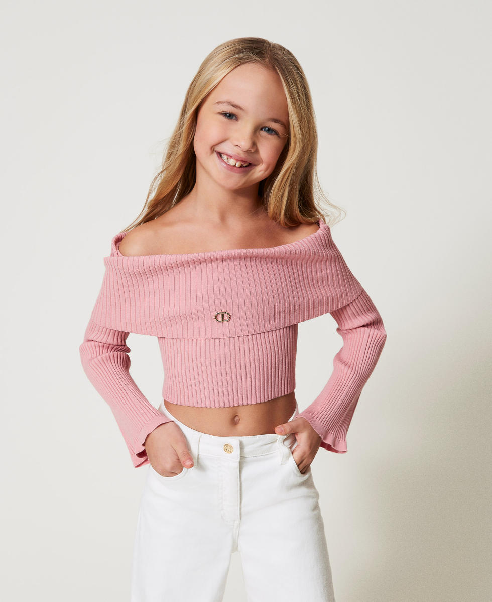 Off-shoulder rib jumper with Oval T